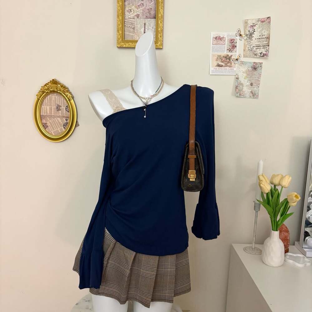 Lauren Ralph Lauren Top Size L Blue One-Shoulder Bell Sleeve Knit Blouse